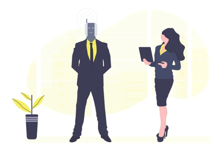 Illustration of a businesswoman holding a tablet and interacting with a humanoid robot in a suit, symbolizing collaboration between humans and AI in a professional setting. Used in the context of AI for Product Owners.