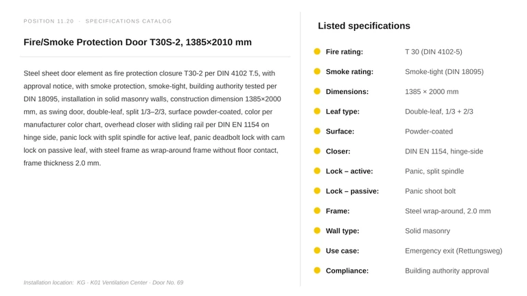 Technical specification sheet for a fire and smoke protection door, showing listed requirements including fire rating, dimensions, and compliance standards